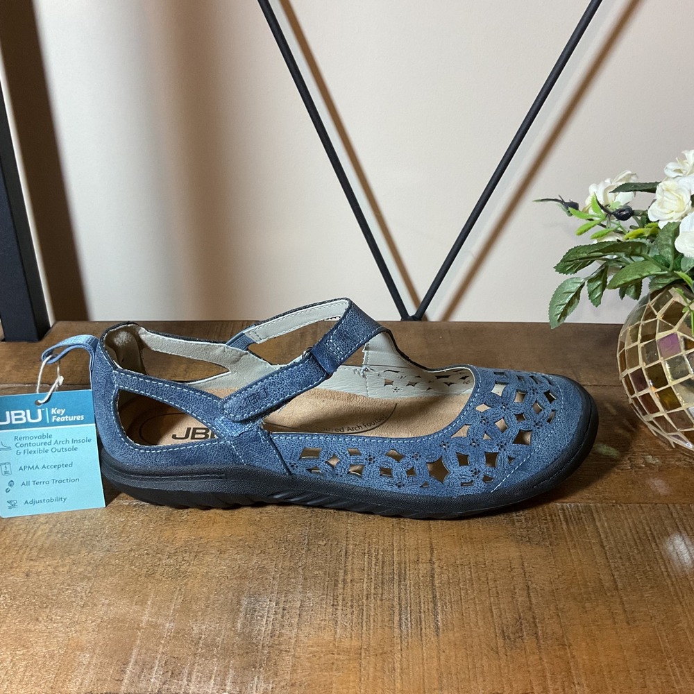 JBU Bellerose Blue Floral Laser Cut Mary Jane Comfort Shoes Womens 8M New Casual